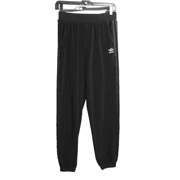 Adidas Joggers Womens S Black Velour Trefoil Stripes Y2K Track Warm Up 27x27* - Picture 1 of 7